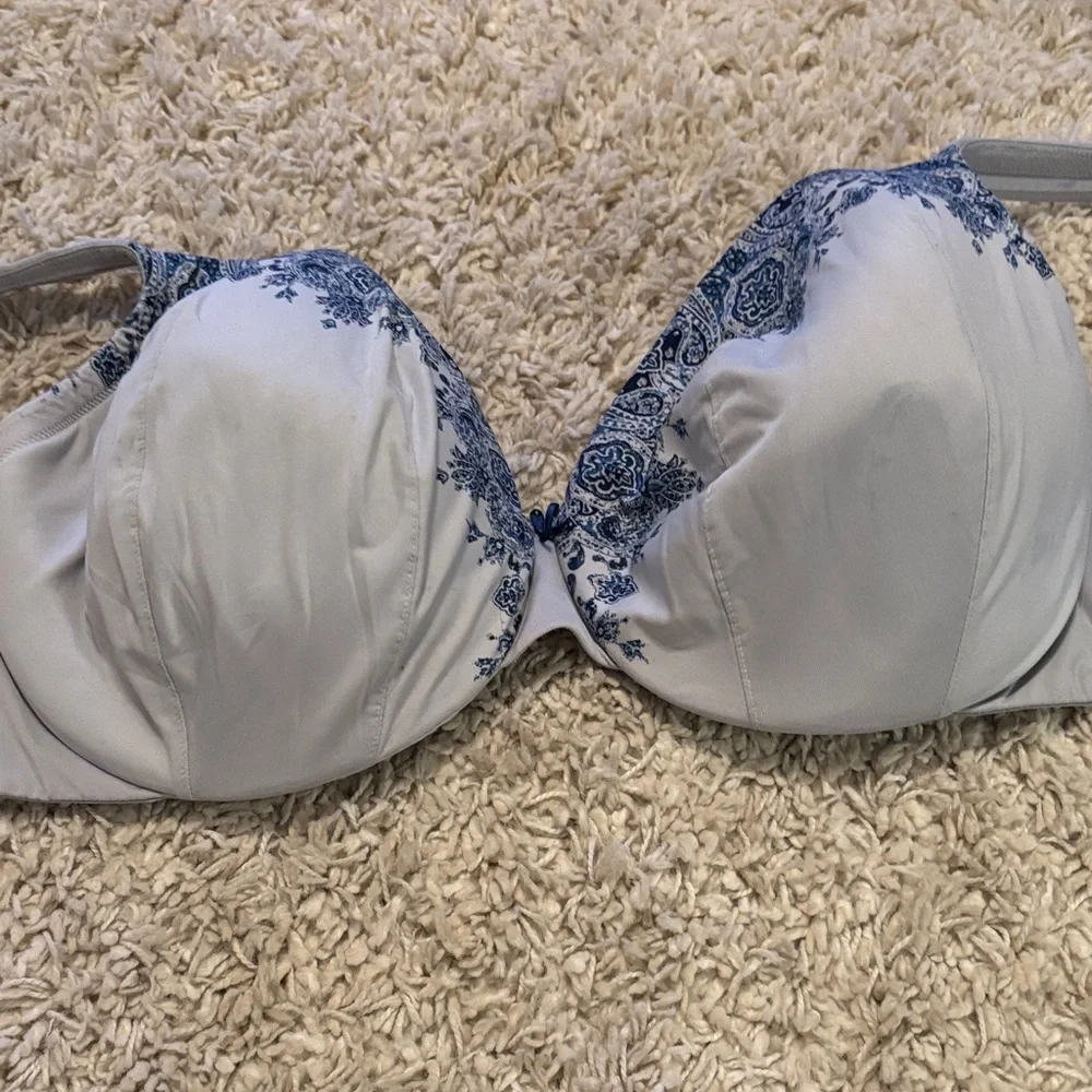 Cacique Blue and White Lace Accent Bra